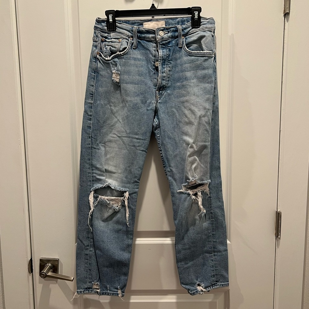 MOTHER The Tomcat Light Wash Distressed Ankle Cropped Jeans - Light Blue - Picture 3 of 9